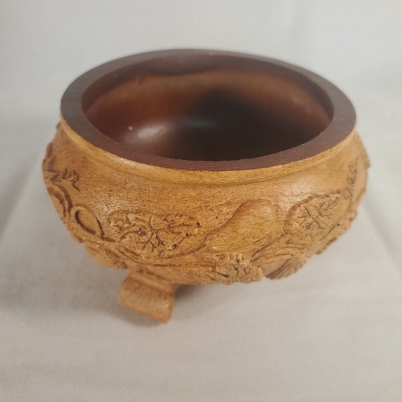 Vintage FTDA Made in USA Wood Resin Footed Bowl Pot Gourd Vine Leaf Design Fall - Picture 3 of 13